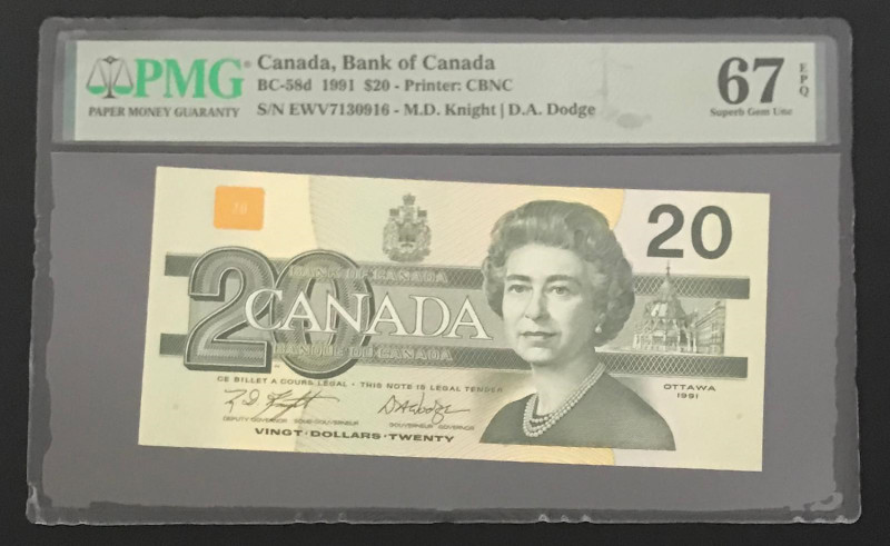 Canada, 20 Pounds, 1991, UNC, p97d, PMG 67 EPQ, High condition
, Queen Elizabeth...