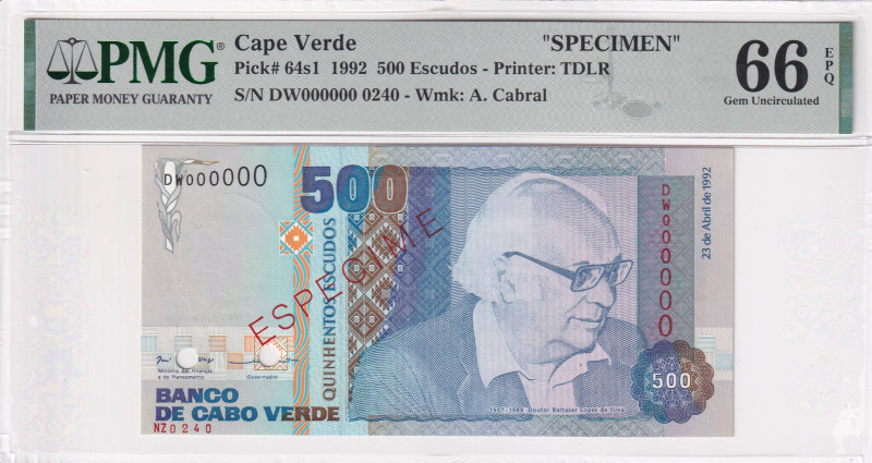 Cape Verde, 500 Escudos, 1992, UNC, p64s1, SPECIMEN, PMG 66 EPQ
Estimate: USD 50...