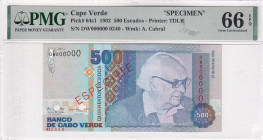 Cape Verde, 500 Escudos, 1992, UNC, p64s1, SPECIMEN, PMG 66 EPQ
Estimate: USD 50-100