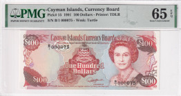 Cayman Islands, 100 Dollars, 1991, UNC, p15, PMG 65 EPQ, Queen Elizabeth II. Potrait, Low serial
Estimate: USD 150-300