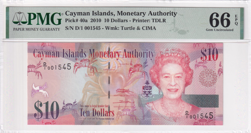 Cayman Islands, 10 Dollars, 2010, UNC, p40a, PMG 66 EPQ, Queen Elizabeth II. Pot...