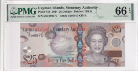 Cayman Islands, 25 Dollars, 2014, UNC, p41b, PMG 66 EPQ, Queen Elizabeth II. Potrait, Low Serial Number
Estimate: USD 50-100