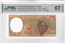 Central African States, 2.000 Francs, 2000, UNC, p103Cg, PMG 67 EPQ, High condition
, "C'' Congo
Estimate: USD 30-60