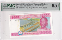 Central African States, 2.000 Francs, 2002, UNC, p508Fc, PMG 65 EPQ, 'F'' Equatorial Guinea
Estimate: USD 30-60