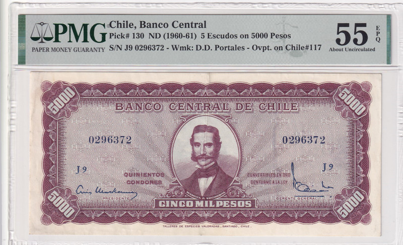 Chile, 5 Escudos on 5.000 Pesos, 1960/1961, AUNC, p130, PMG 55 EPQ
Estimate: USD...