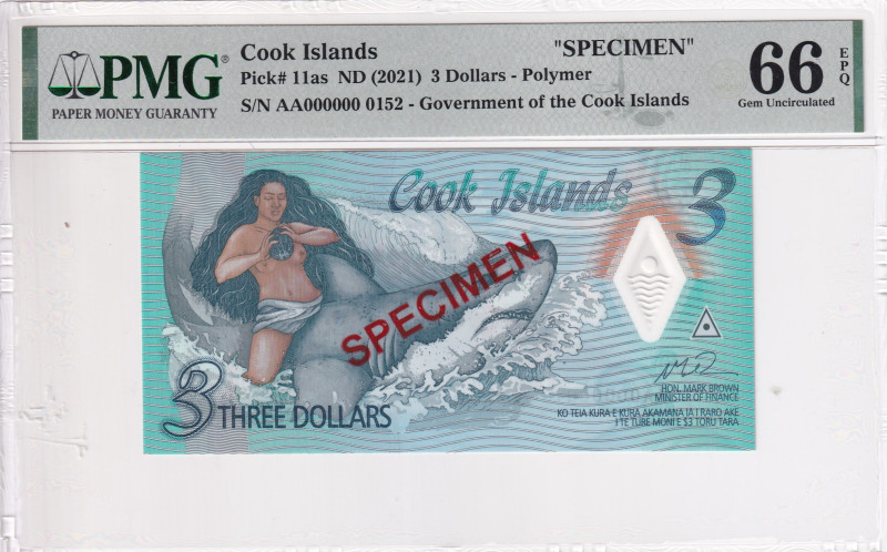 Cook Islands, 3 Dollars, 2021, UNC, p11as, SPECIMEN, PMG 66 EPQ, Polymer
Estimat...
