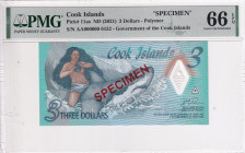 Cook Islands, 3 Dollars, 2021, UNC, p11as, SPECIMEN, PMG 66 EPQ, Polymer
Estimate: USD 30-60