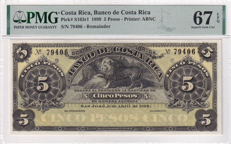 Costa Rica, 5 Pesos, 1899, UNC, pS163r1, REMAINDER, PMG 67 EPQ, High condition

...