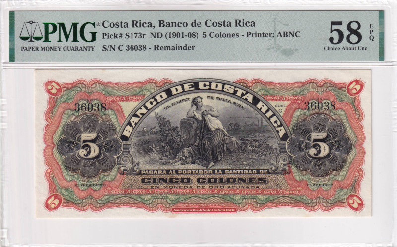 Costa Rica, 5 Colones, 1901/1908, AUNC, pS173r, REMAINDER, PMG 58 EPQ
Estimate: ...