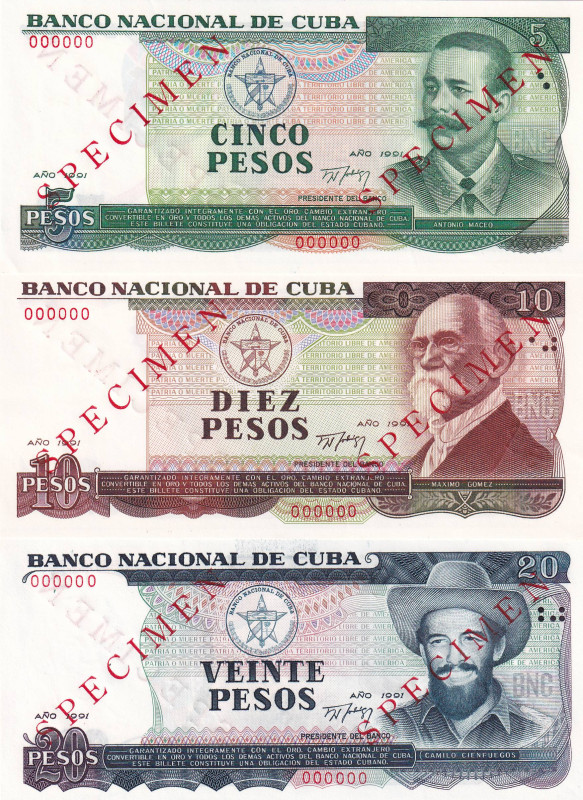 Cuba, 5-10-20 Pesos, 1991, UNC, p108s, p109s; p100s, SPECIMEN, (Total 3 banknote...