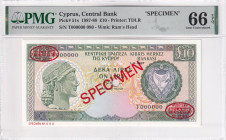 Cyprus, 10 Pounds, 1987/1988, UNC, p51s, SPECIMEN, PMG 66 EPQ
Estimate: USD 200-400