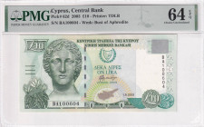 Cyprus, 10 Lire, 2003, UNC, p62d, PMG 64 EPQ
Estimate: USD 50-100