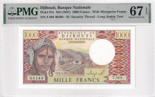 Djibouti, 1.000 Francs, 1991, UNC, p37e, PMG 67 EPQ, High condition, TOP POP
, It has serial tracking number with the next lot.
Estimate: USD 40-80