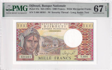 Djibouti, 1.000 Francs, 1991, UNC, p37e, PMG 67 EPQ, High condition, TOP POP
, It has serial tracking number with previous Lot.
Estimate: USD 40-80