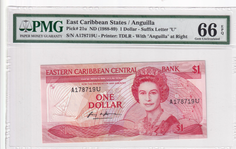 East Caribbean States, 1 Dollar, 1988/1989, UNC, p21u, PMG 66 EPQ, Queen Elizabe...