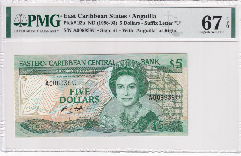 East Caribbean States, 5 Dollars, 1988/1993, UNC, p22u, PMG 67 EPQ, High conditi...