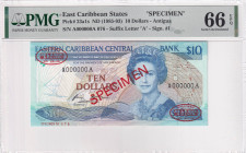 East Caribbean States, 10 Dollars, 1985/1993, UNC, p23a1s, PMG 66 EPQ, Queen Elizabeth II. Potrait
Estimate: USD 250-500