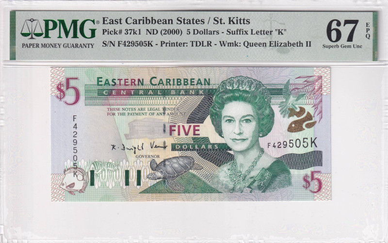 East Caribbean States, 5 Dollars, 2000, UNC, p37k1, PMG 67, High condition, Quee...