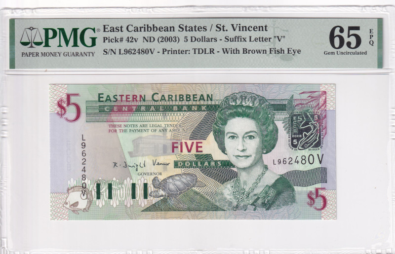 East Caribbean States, 5 Dollars, 2003, UNC, p42v, PMG 65 EPQ, Queen Elizabeth I...