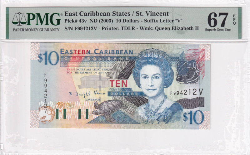 East Caribbean States, 10 Dollars, 2003, UNC, p43v, PMG 67 EPQ, High condition
,...