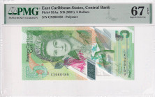 East Caribbean States, 5 Dollars, 2021, UNC, p55Aa, PMG 67 EPQ, High condition
, Queen Elizabeth II portrait, Polymer banknote
Estimate: USD 25-50