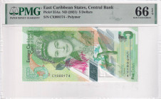 East Caribbean States, 5 Dollars, 2021, UNC, p55Aa, PMG 66 EPQ, Queen Elizabeth II portrait, Polymer banknote
Estimate: USD 25-50