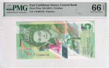 East Caribbean States, 5 Dollars, 2021, UNC, p55Aa, PMG 66 EPQ, Queen Elizabeth II portrait, Polymer banknote
Estimate: USD 25-50