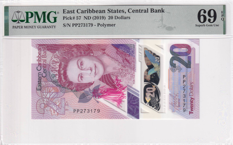 East Caribbean States, 20 Dollars, 2019, UNC, p57, PMG 69 EPQ, Queen Elizabeth I...