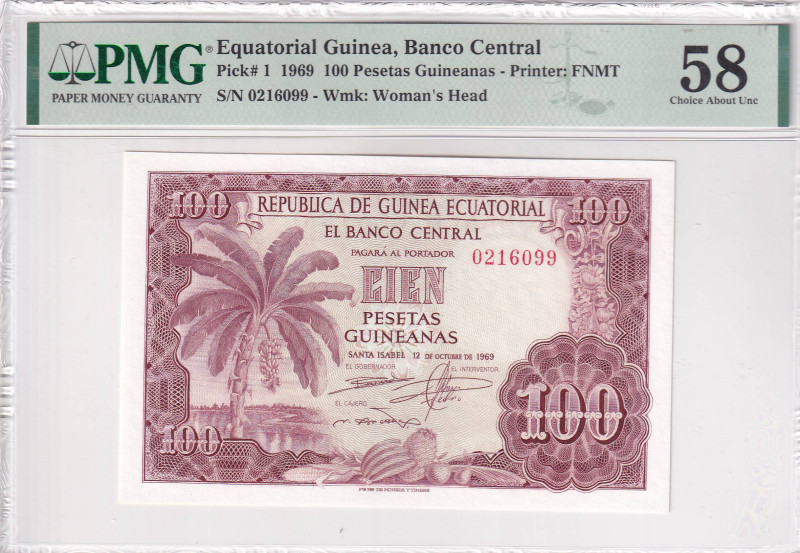 Equatorial Guinea, 100 Pesetas, 1969, AUNC, p1, PMG 58
Estimate: USD 40-80