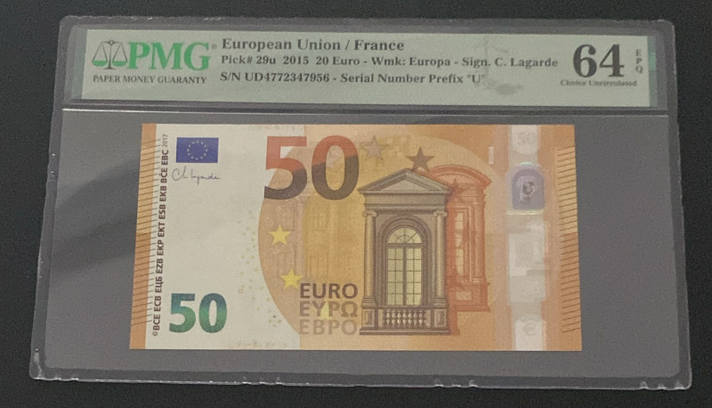 European Union, 20 Euro, 2015, UNC, p29u, PMG 64 EPQ, France
Estimate: USD 75-15...