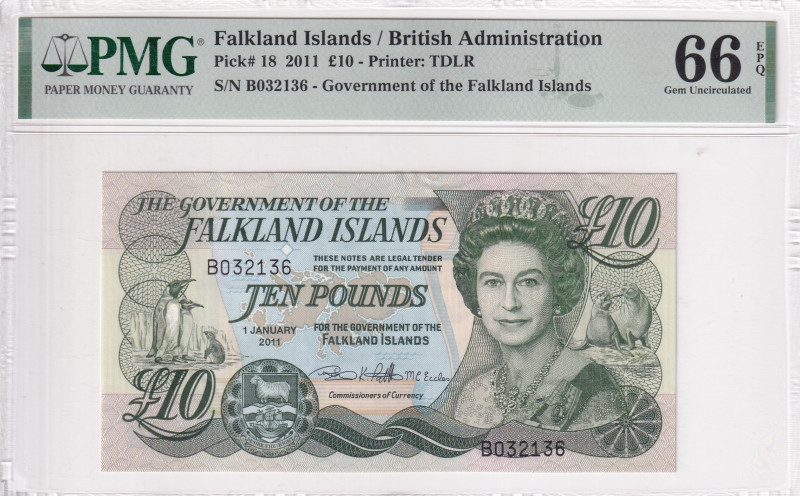 Falkland Islands, 10 Pounds, 2011, UNC, p18, PMG 66 EPQ, Queen Elizabeth II. Pot...