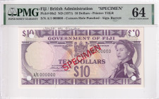 Fiji, 10 Dollars, 1971, UNC, p68s2, SPECIMEN, PMG 64, Queen Elizabeth II. Potrait
Estimate: USD 750-1.500
