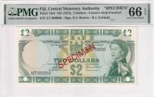 Fiji, 2 Dollars, 1974, UNC, p72s6, SPECIMEN, PMG 66 EPQ, Queen Elizabeth II. Potrait
Estimate: USD 300-600