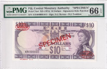 Fiji, 10 Dollars, 1974, UNC, p74s8, SPECIMEN, PMG 66 EPQ, Queen Elizabeth II. Potrait
Estimate: USD 400-800