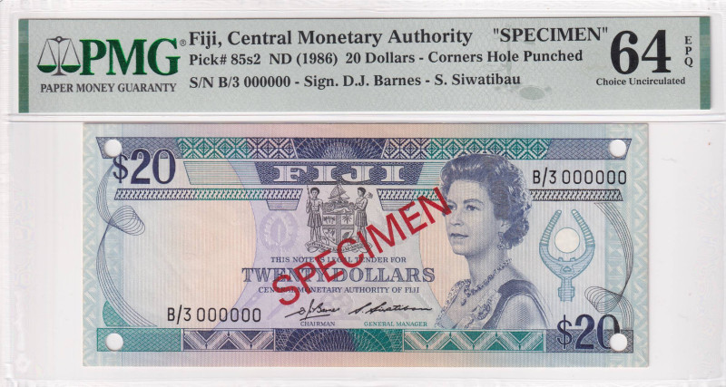 Fiji, 20 Dollars, 1986, UNC, p85s2, SPECIMEN, PMG 64 EPQ, Queen Elizabeth II. Po...