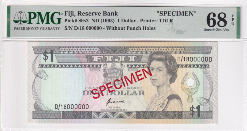 Fiji, 1 Dollar, 1993, UNC, p89s2, SPECIMEN, PMG 68 EPQ, Queen Elizabeth II. Potr...