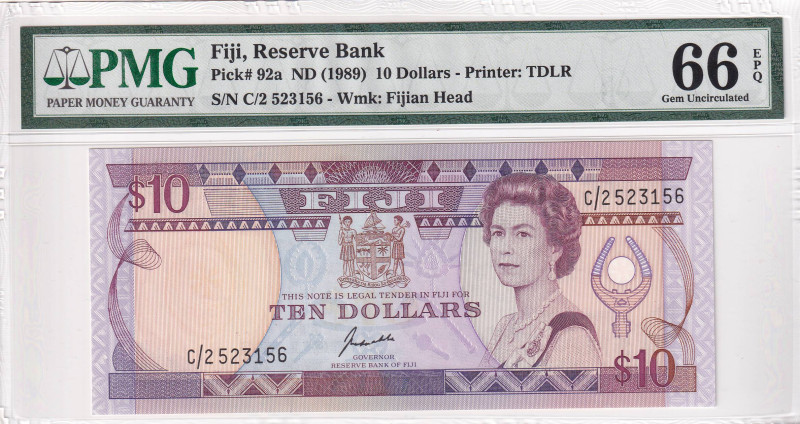 Fiji, 10 Dollars, 1989, UNC, p92a, PMG 66 EPQ, Queen Elizabeth II. Potrait
Estim...