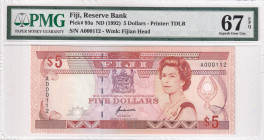 Fiji, 5 Dollars, 1992, UNC, p93a, PMG 67 EPQ, Queen Elizabeth II. Potrait
Estimate: USD 100-200