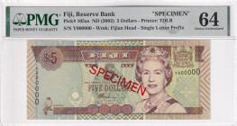Fiji, 5 Dollars, 2002, UNC, p105as, SPECIMEN, PMG 64, Queen Elizabeth II. Potrait
Estimate: USD 100-200
