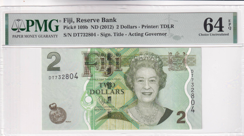 Fiji, 2 Dollars, 2012, UNC, p109b, PMG 64 EPQ, Queen Elizabeth II. Potrait
Estim...