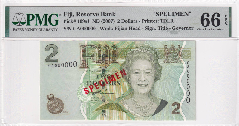 Fiji, 2 Dollars, 2007, UNC, p109S1, SPECIMEN, PMG 66 EPQ, Queen Elizabeth II. Po...