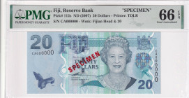 Fiji, 20 Dollars, 2007, UNC, p112s, SPECIMEN, PMG 66 EPQ, Queen Elizabeth II. Potrait
Estimate: USD 200-400
