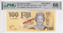 Fiji, 100 Dollars, 2007, UNC, p114s, SPECIMEN, PMG 66 EPQ, Queen Elizabeth II. Potrait
Estimate: USD 150-300