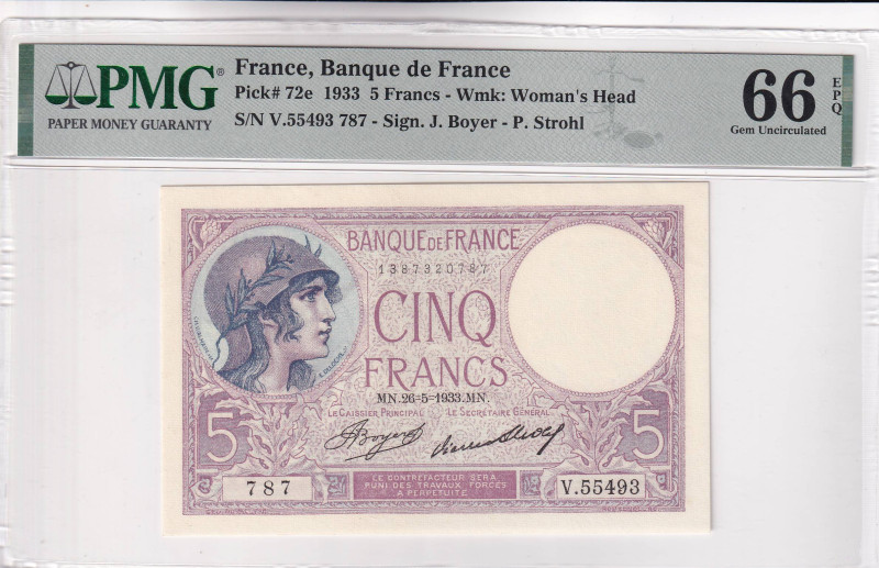 France, 5 Francs, 1933, UNC, p72e, PMG 66 EPQ
Estimate: USD 40-80