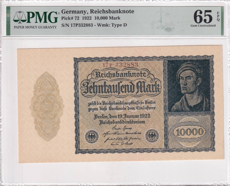 Germany, 10.000 Mark, 1922, UNC, p72, PMG 65 EPQ
Estimate: USD 30-60