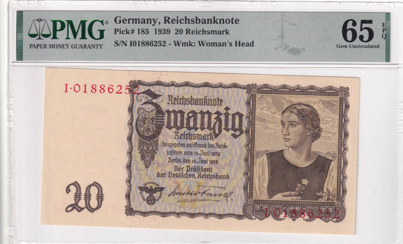 Germany, 20 Reichsmark, 1939, UNC, p185, PMG 65 EPQ
Estimate: USD 75-150