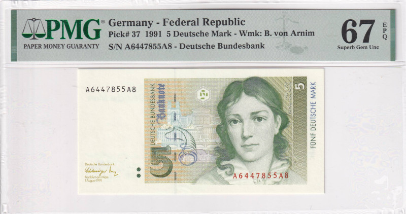 Germany - Federal Republic, 5 Deutsche Mark, 1991, UNC, p37a, PMG 67, High condi...