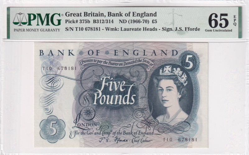 Great Britain, 5 Pounds, 1966/1970, UNC, p375b, PMG 65 EPQ, Queen Elizabeth II. ...