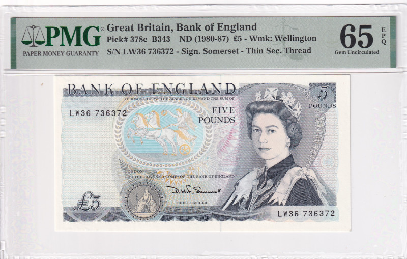 Great Britain, 5 Pounds, 1980/1987, UNC, p378c, PMG 65 EPQ, Queen Elizabeth II. ...