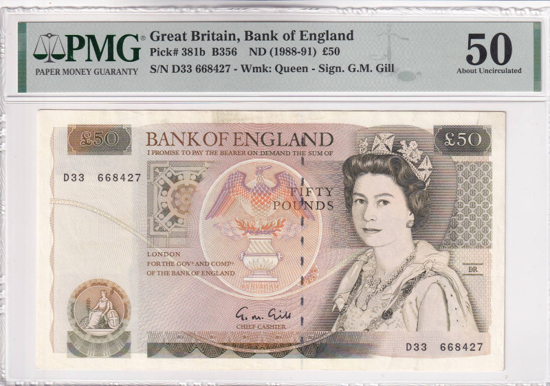 Great Britain, 50 Pounds, 1988/1991, AUNC, p381b, PMG 50, Queen Elizabeth II. Po...